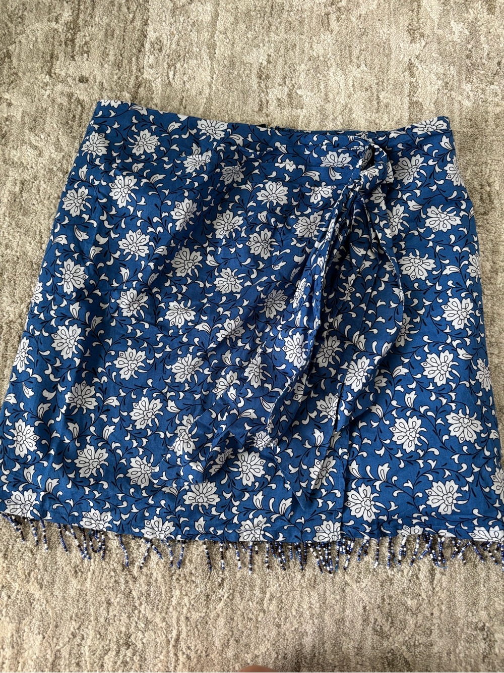 Mango Blue and White Floral Tie-Front Mini Skirt with Beaded Fringe